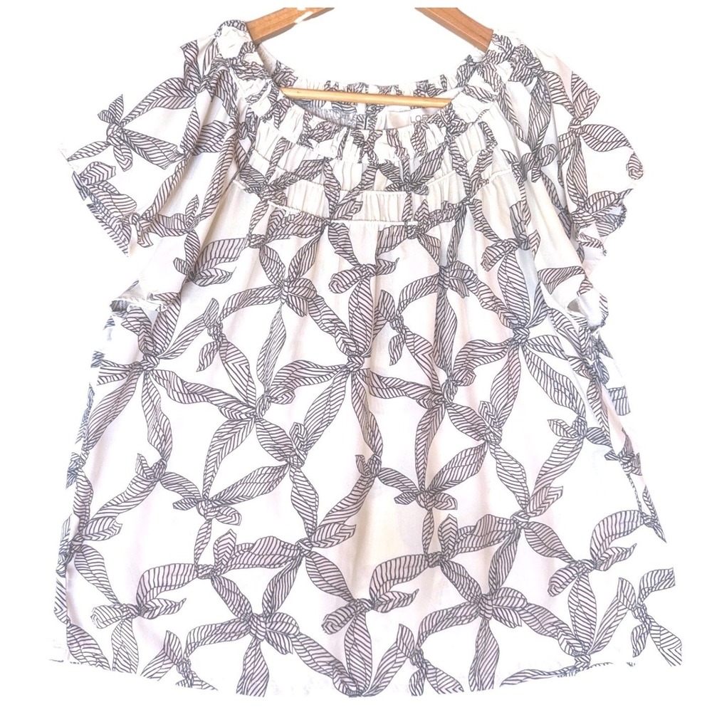 LOFT Womens Large Black White Bow Print Flutter Sleeve‎ Ruffle Neck Blouse